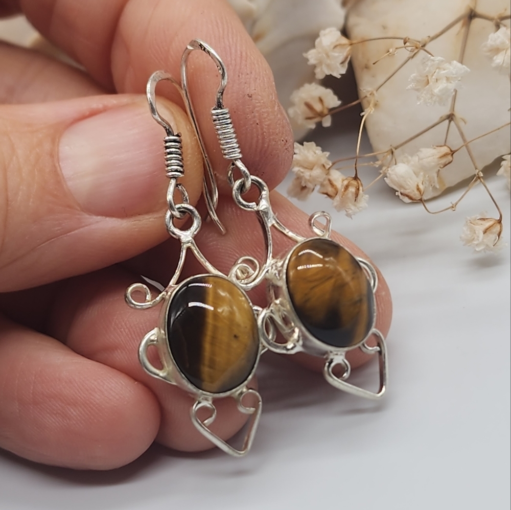 Natural Tiger Eye Stone Silver 925 Earrings